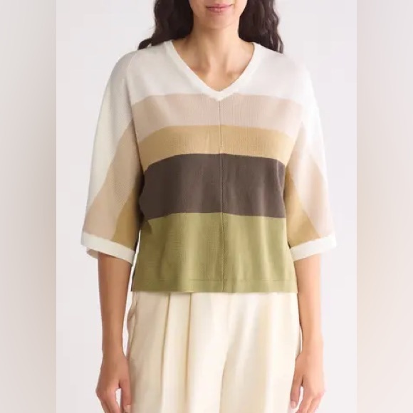 Adrianna Pappell V-Neck Color-Block Seed Stitch Short Dolmen Sleeved Top 2X - Picture 3 of 12